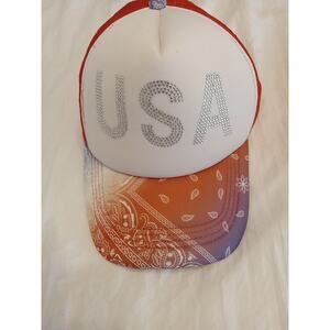 USA Boho Snapback Trucker Hat Cap W/ Rhinestones Like Bling Red Mesh. Athleisure